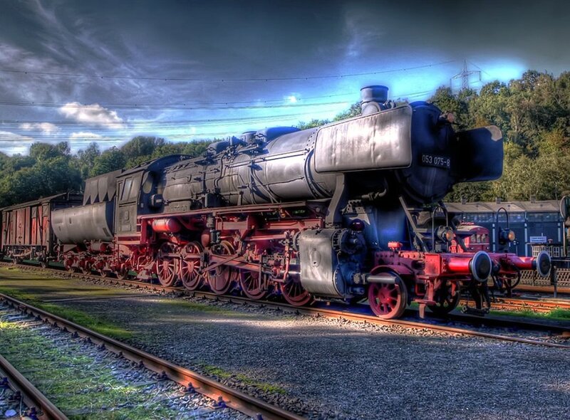 Steam Locomotive on Tracks — Black, Dramatic, Afternoon, Photograph, Train Tracks