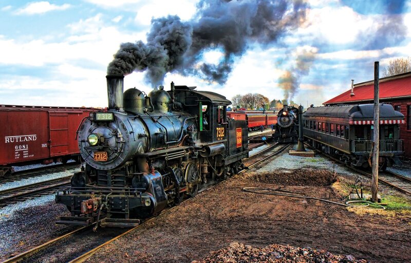 Steam Locomotive on Tracks — Black, Dramatic, Afternoon
