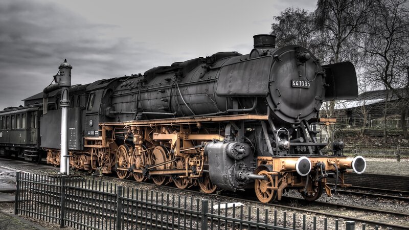 Steam Locomotive on Tracks — Black, Dramatic, Autumn, Photograph, Train