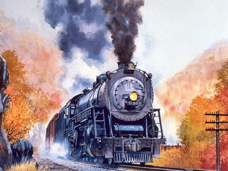 Steam Locomotive on Tracks — Black, Dramatic, Autumn