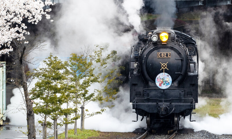 Steam Locomotive on Tracks — Black, Dramatic, Spring