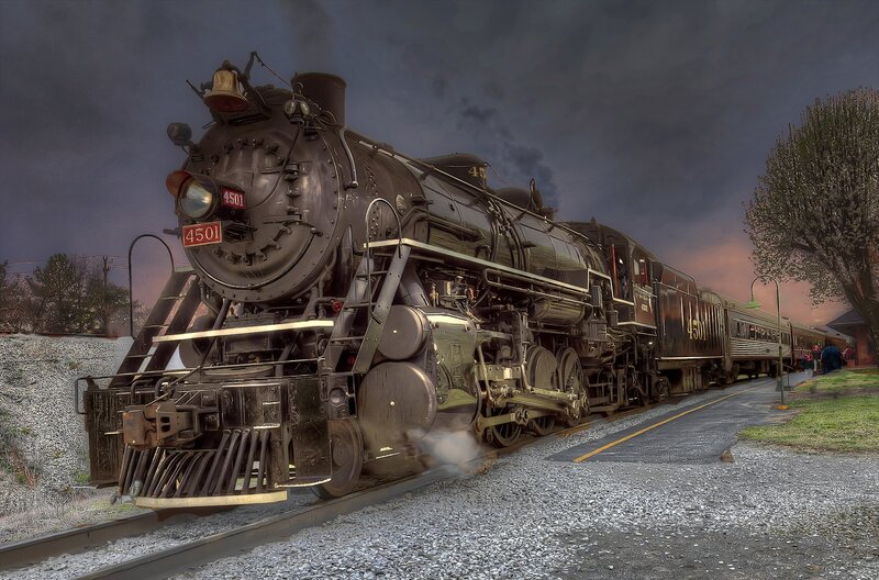 Steam Locomotive on Tracks — Black, Dramatic, Sunset, Photograph
