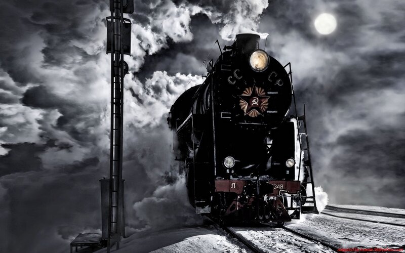 Steam Locomotive on Tracks — Black, Dramatic