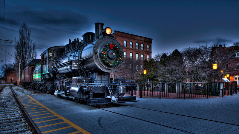 Steam Locomotive on Tracks — Blue, Dramatic