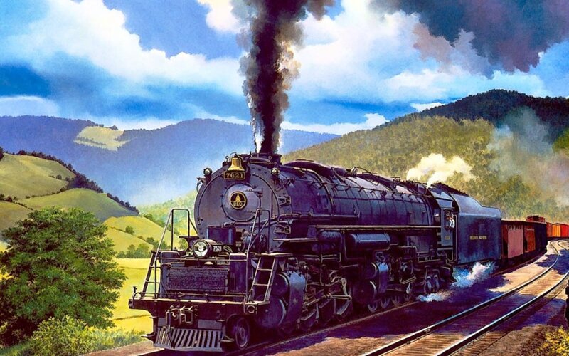 Steam Locomotive on Tracks — Blue