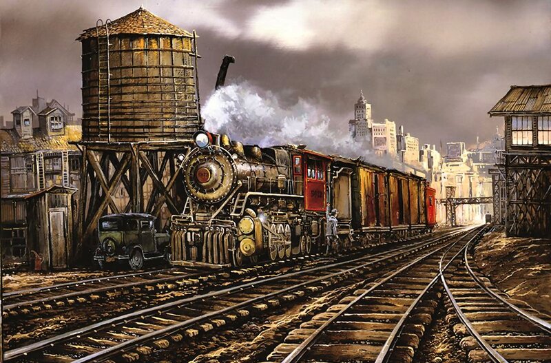 Steam Locomotive on Tracks — Brown, Dramatic, Afternoon
