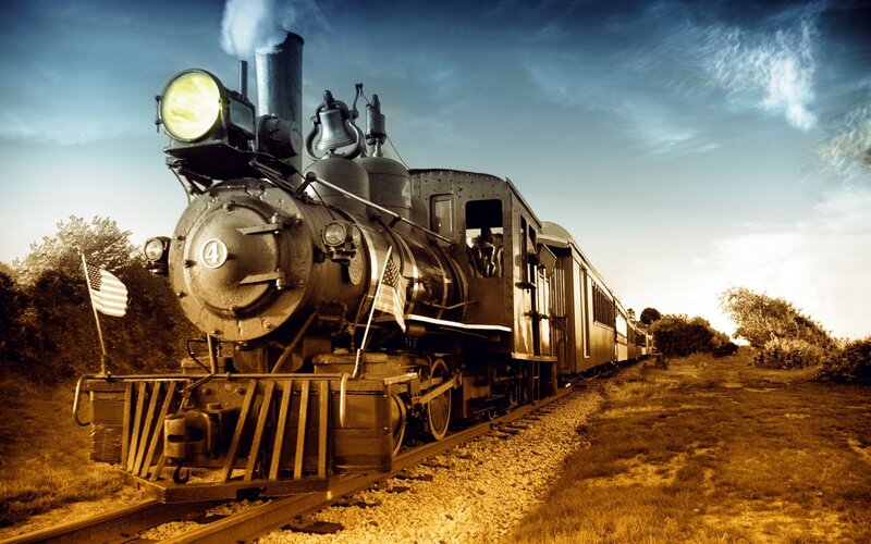 Steam Locomotive on Tracks — Brown, Dramatic