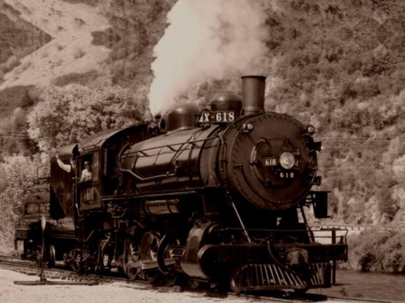 Steam Locomotive on Tracks — Brown