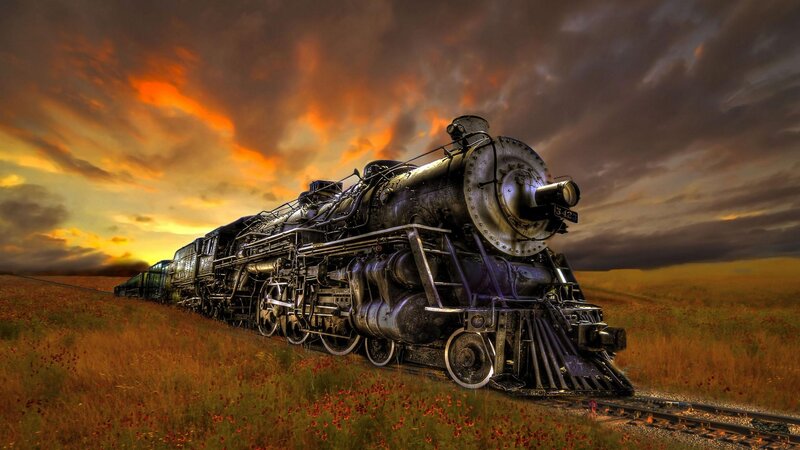 Steam Locomotive on Tracks — Orange, Dramatic, Sunset