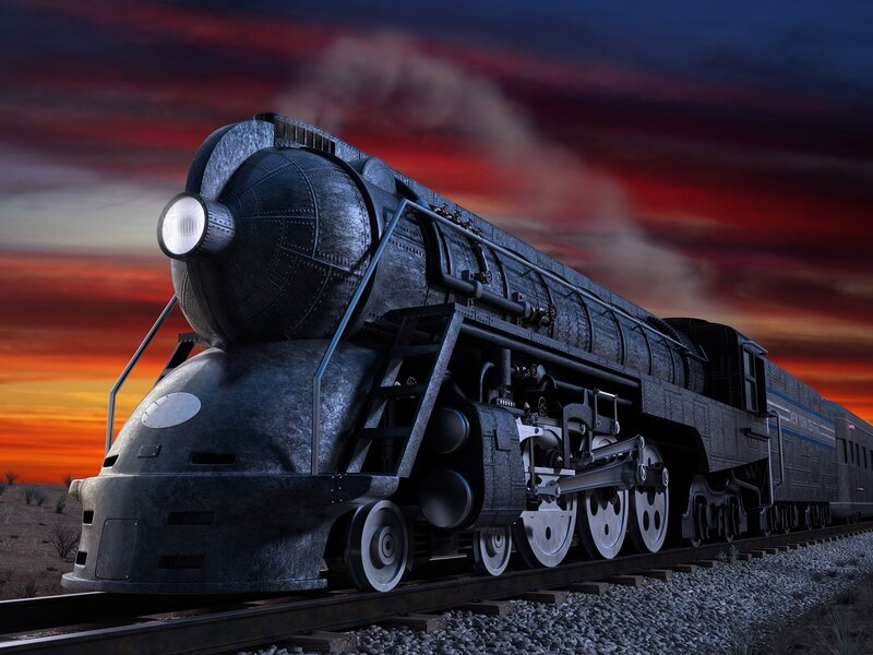 Steam Locomotive on Tracks — Red, Dramatic