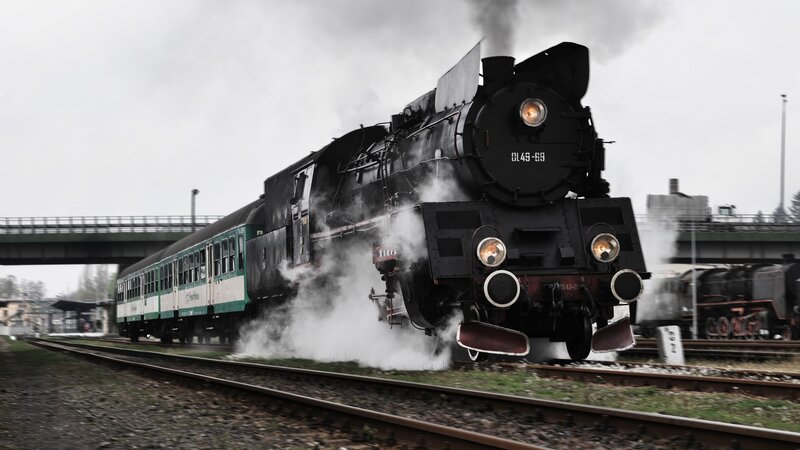 Steam Locomotive Train — Black, Dramatic, Morning
