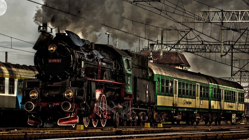 Steam Locomotive Train — Black, Dramatic, Night, Photograph