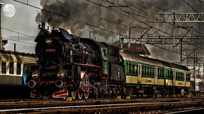 Steam Locomotive Train — Black, Dramatic, Night