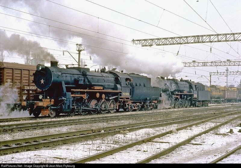 Steam locomotives at a rail yard