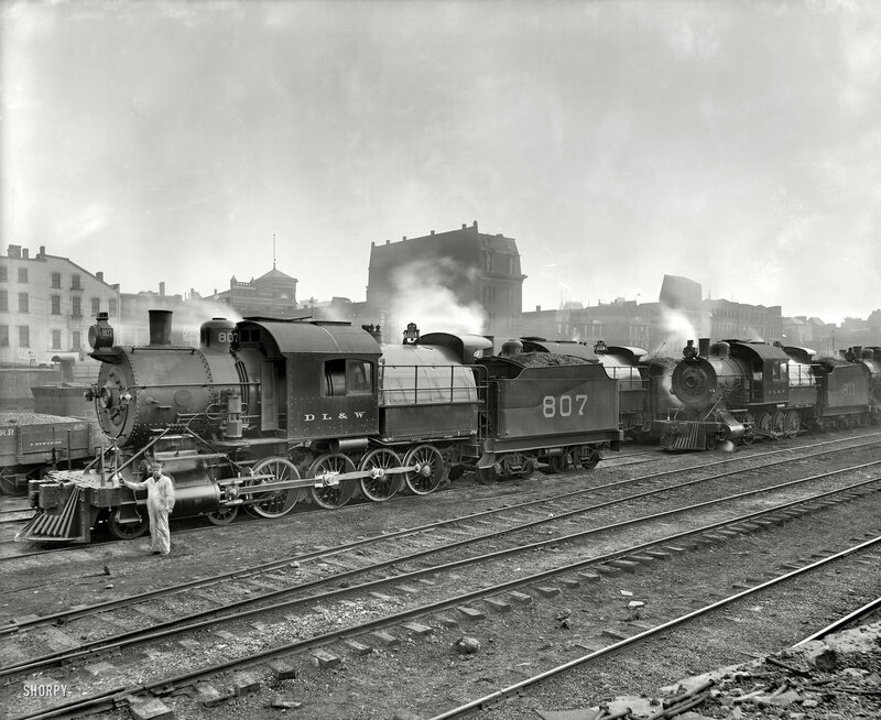 Steam locomotives at a rail yard