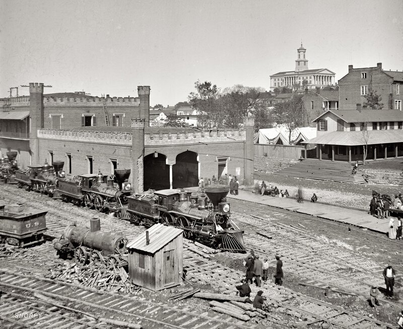 Steam Locomotives at Station — Black