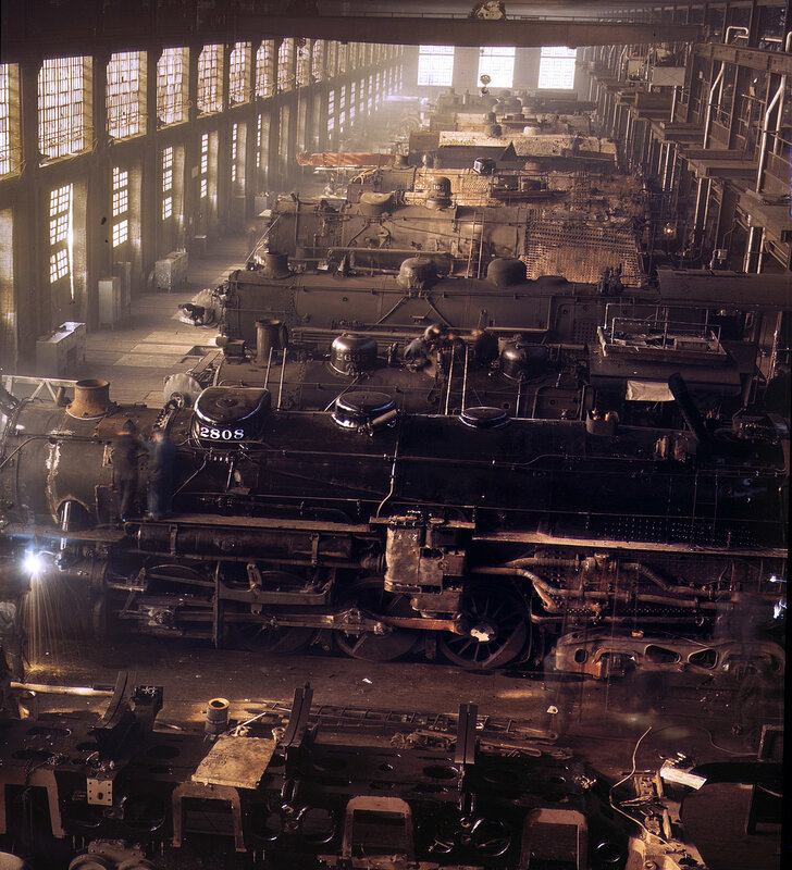 Steam locomotives in a factory