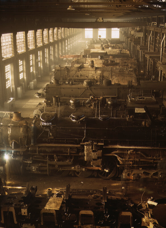 Steam locomotives in a workshop