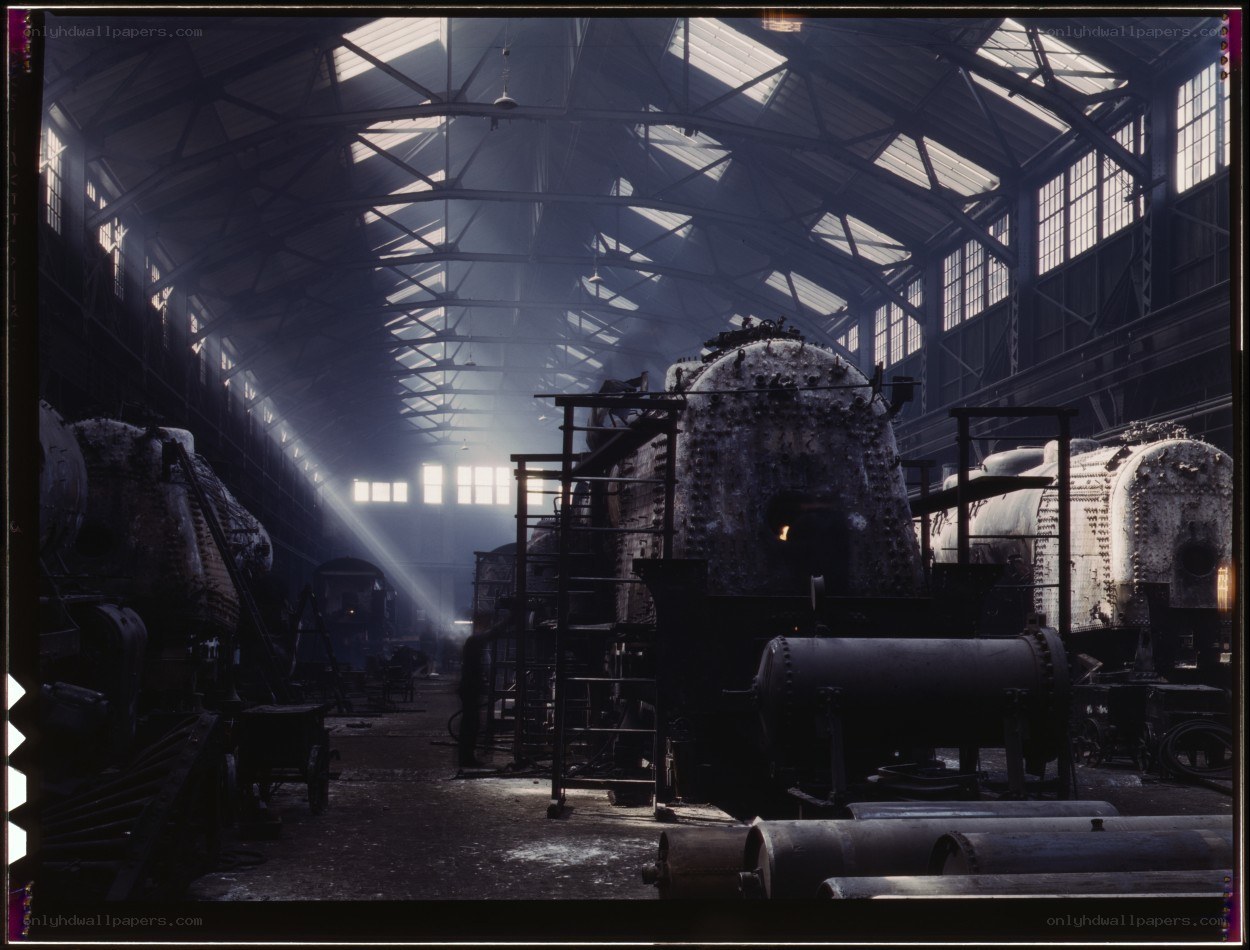 Steam locomotives in a workshop