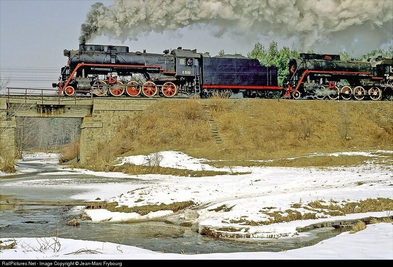 Steam locomotives on a bridge