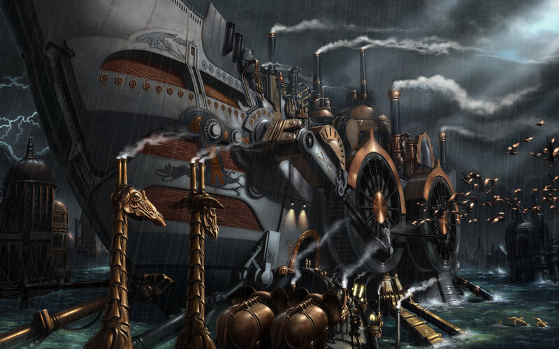 Steam-powered airship in storm