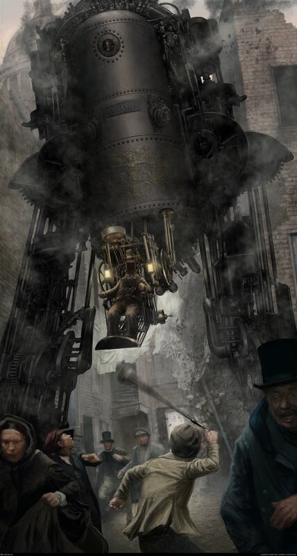 Steam-powered robot in city