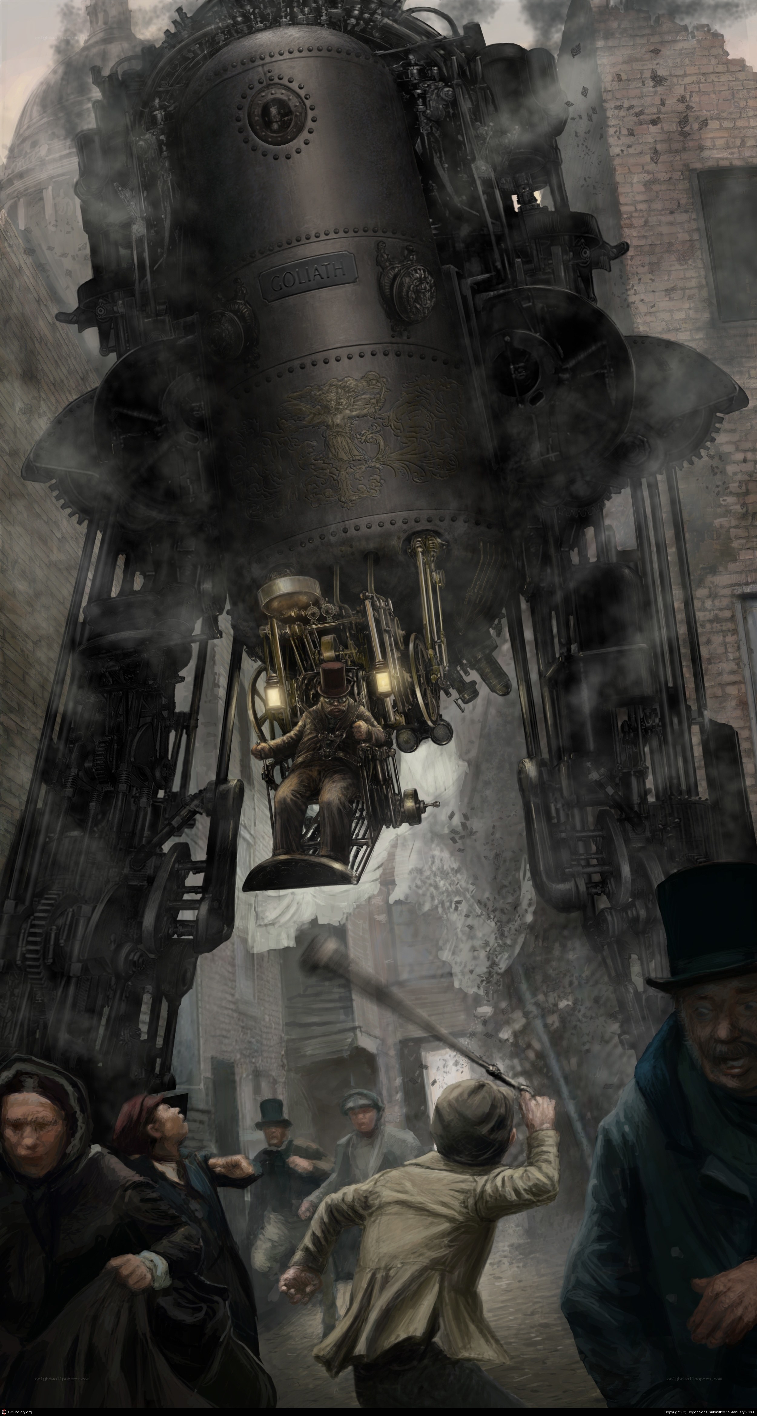 Steam-powered robot in city