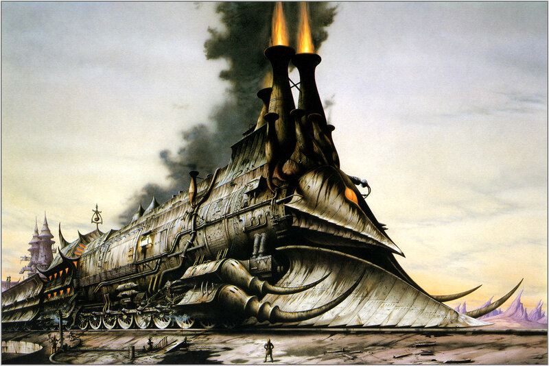 Steam-powered train in desert