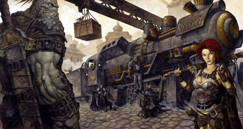 Steam-powered train station scene