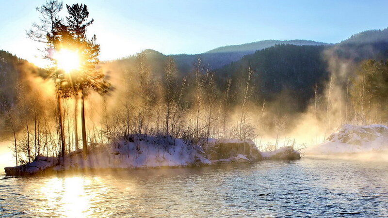 Steam Rising from River — Blue