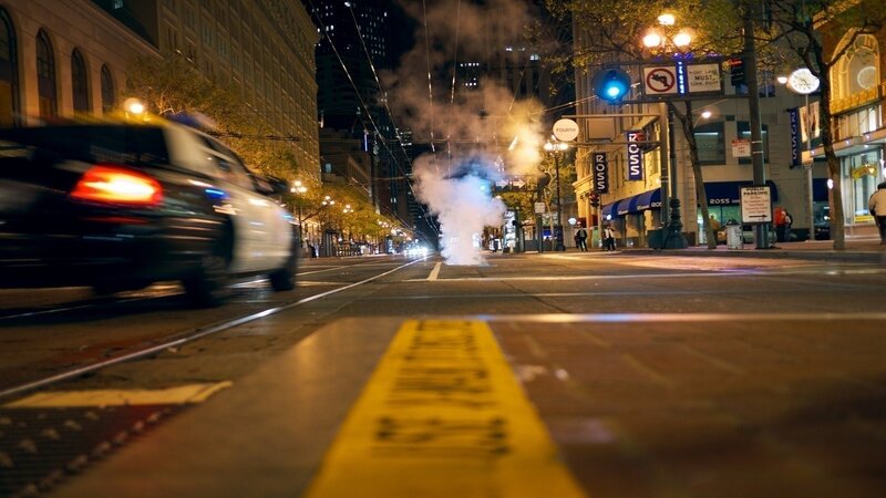 Steam Rising from Street — Yellow, Dramatic, Night