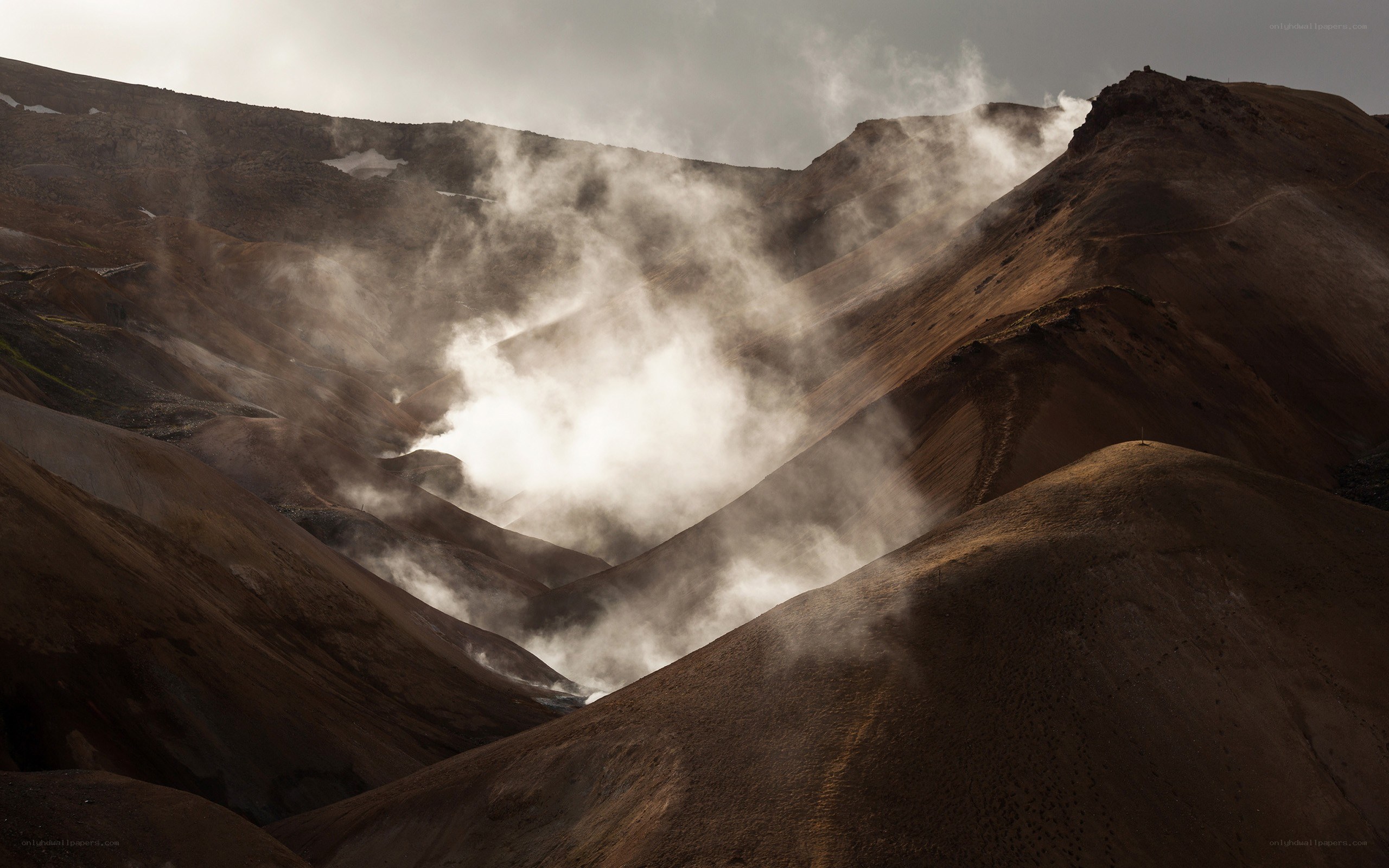Steam rising from volcanic hills