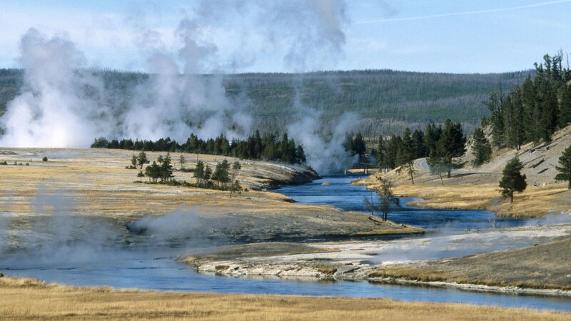 Steam rising over a river