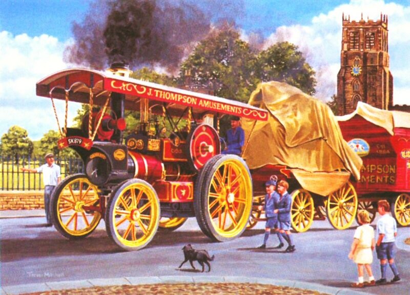 Steam Traction Engine — Red, Vibrant