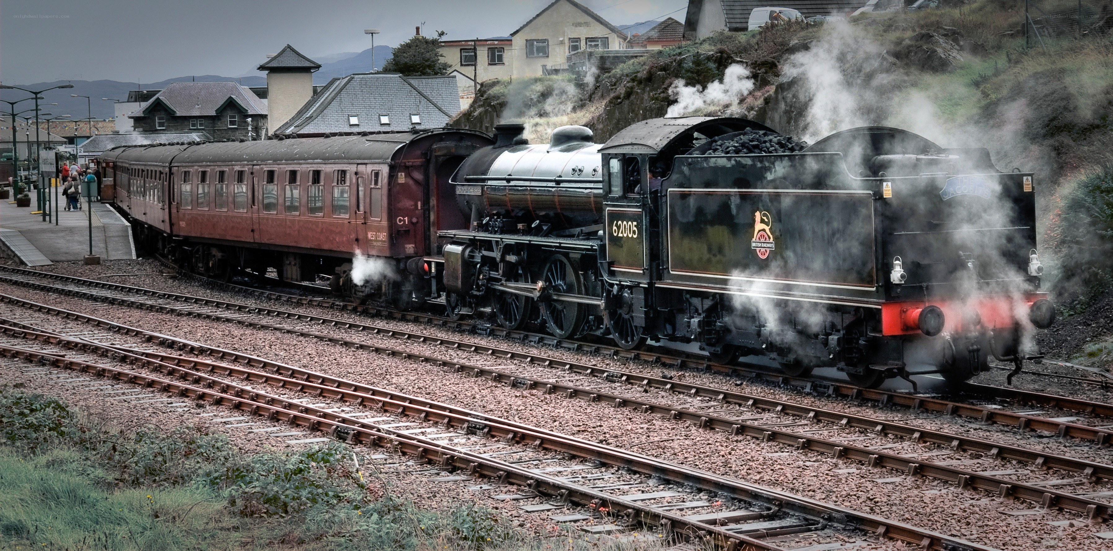 Steam train at a station