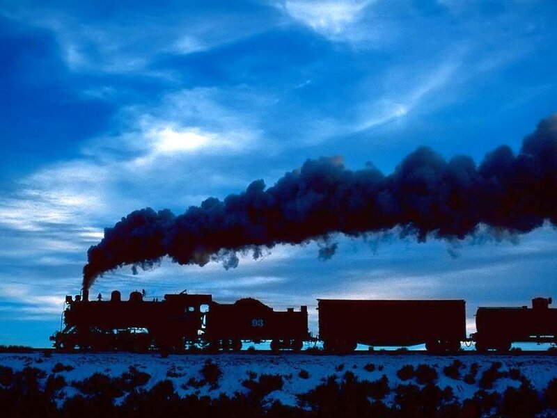 Steam train at dusk