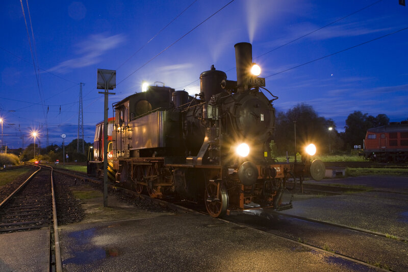 Steam train at dusk