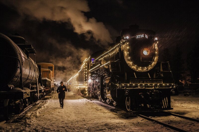 Steam Train at Night — Black, Dramatic, Photograph