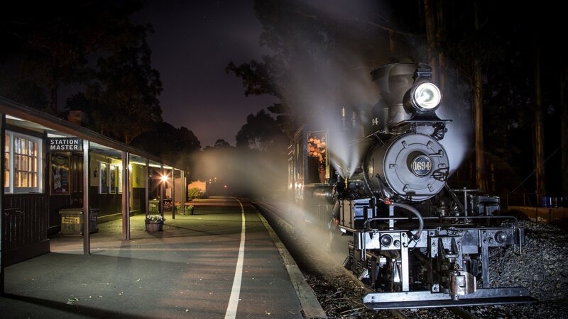 Steam Train at Night — Black, Dramatic, Photograph, Train Station