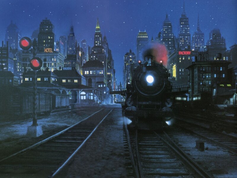 Steam Train at Night — Blue, Dramatic, Digital Art, City Skyline