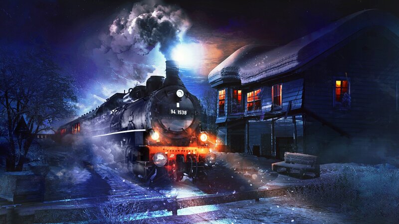 Steam Train at Night — Blue, Dramatic