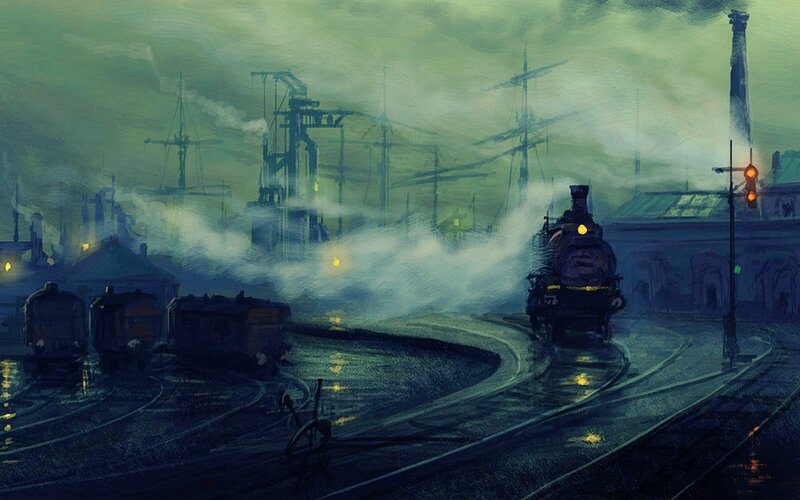 Steam Train at Night — Green, Dramatic