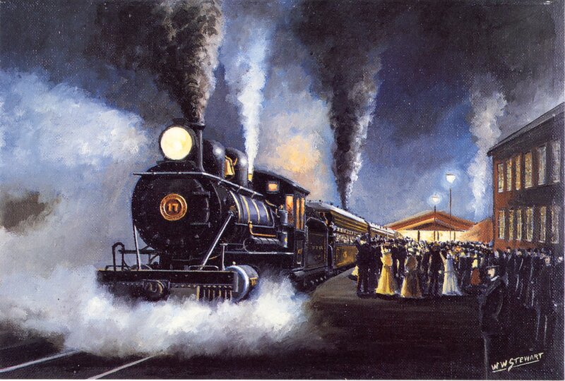 Steam train at night station