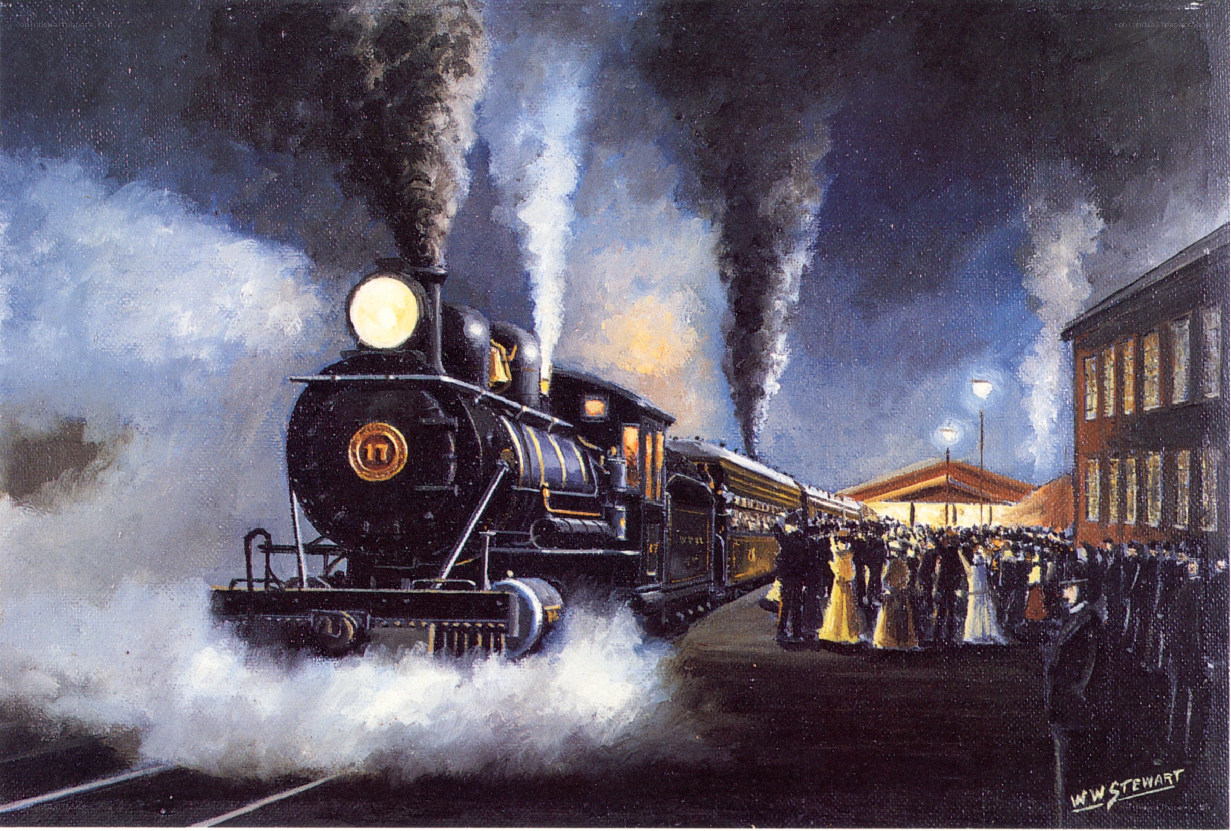 Steam train at night station