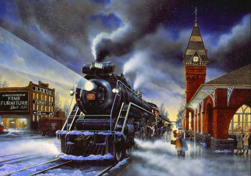 Steam Train at Station — Black, Dramatic, Night, Painting