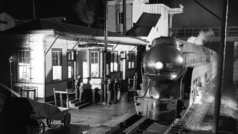 Steam Train at Station — Black, Dramatic, Night, Photograph