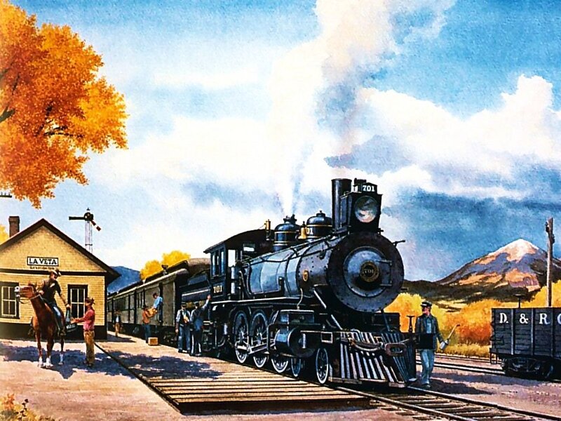 Steam Train at Station — Blue, Calm, Autumn