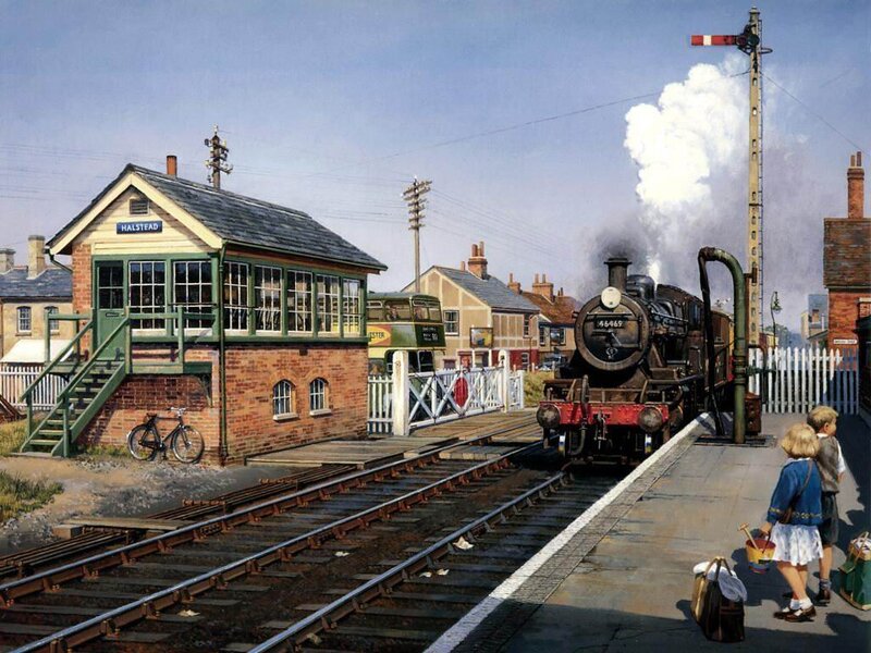 Steam Train at Station — Blue, Calm
