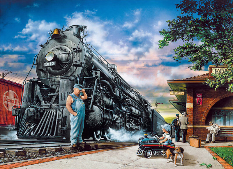 Steam Train at Station — Blue, Dramatic, Afternoon, Illustration