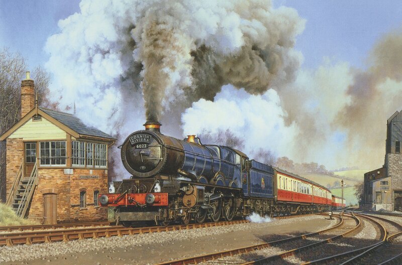 Steam Train at Station — Blue, Dramatic, Afternoon